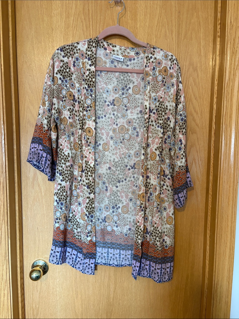 Lightweight Patchwork Open-Front Kimono in Beige, Lavender, Rust